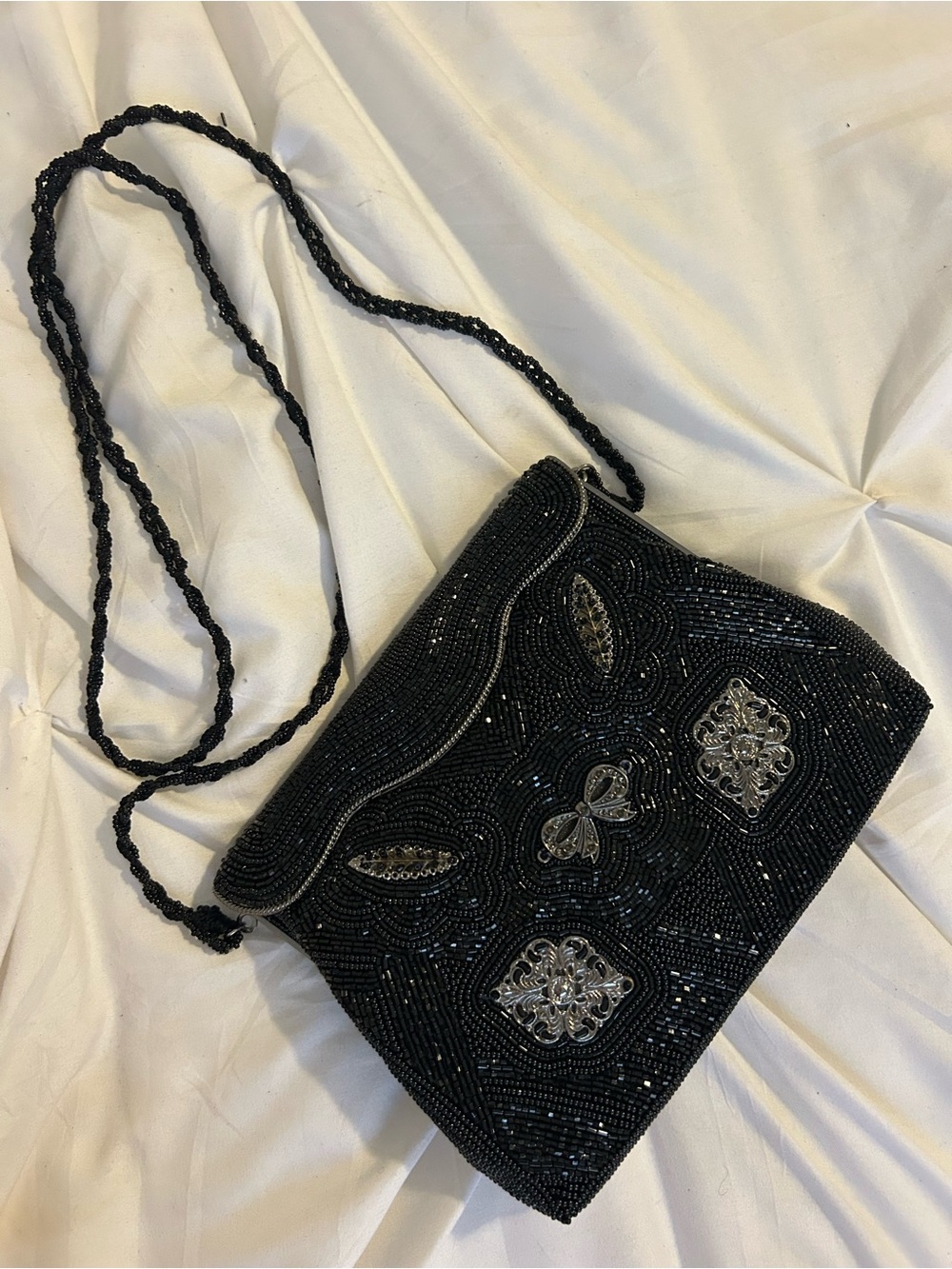 Black Beaded Evening Clutch with Decorative Silver Accents